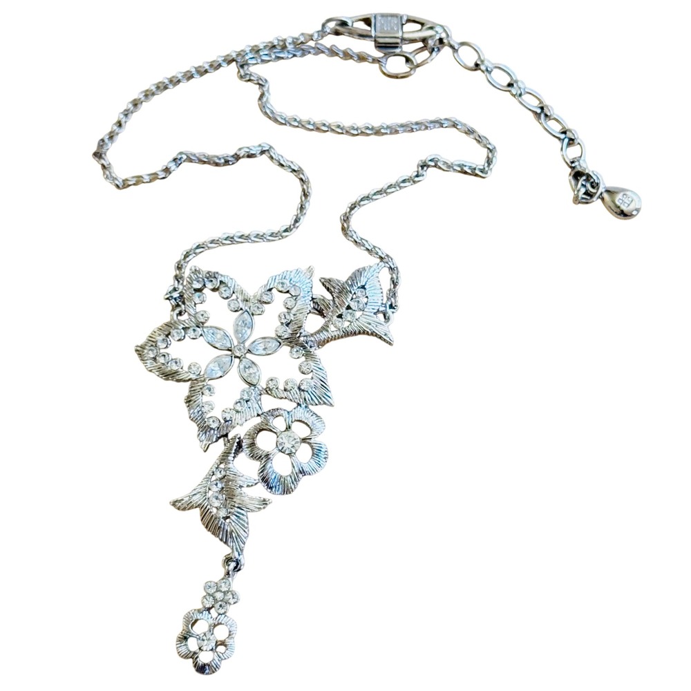 Givenchy‎ Flower Necklace Floral Silver Crystal Rhinestone Jeweled Original 18"